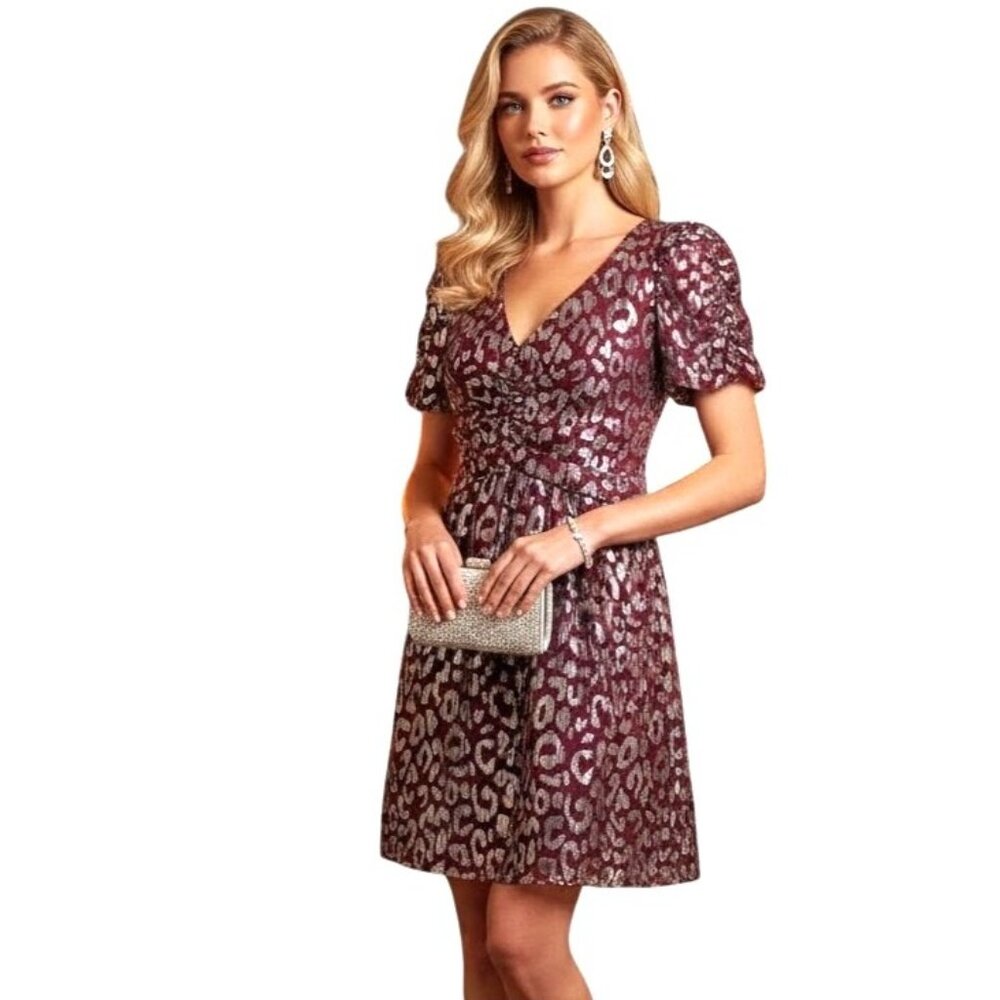 Aqua Metallic Leopard Print Dark Red Mini Dress Short Puff Sleeves Size M NWT